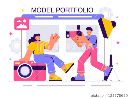 Model Portfolio Vector Illustration featuring a Modeling Agency Manager and a Photographer Taking Photos of a Model on a Platform in a Flat Background 123570630