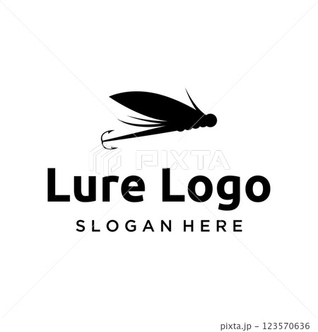Logo design of fishing bait or fishing lure with hook and fishing rod.Logo for fishing shop, tournament and angler. Logo design of fishing bait or fishing lure with hook and fishing rod.Logo for fishing shop, tournament and angler. 123570636