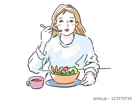 健康的な食事を楽しむ女性 – サラダボウルを食べるヘルシーライフスタイル 健康的な食事を楽しむ女性 – サラダボウルを食べるヘルシーライフスタイル 123570738