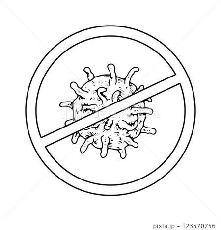Antiviral sign, features a prohibition symbol against viruses and microbes. Black and white vector illustration with white background. Hand drawn isolated objects in line art technique Antiviral sign, features a prohibition symbol against viruses and microbes. Black and white vector illustration with white background. Hand drawn isolated objects in line art technique 123570756