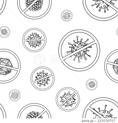 Seamless vector pattern of hand drawn antiviral symbols, including virus cells and protection icons in black and white. Ideal for disinfection sterilization and disease prevention designs Seamless vector pattern of hand drawn antiviral symbols, including virus cells and protection icons in black and white. Ideal for disinfection sterilization and disease prevention designs 123570757