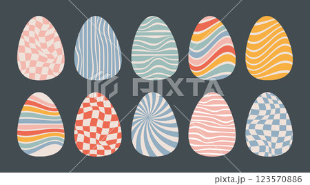 Groovy Hippie Wave Easter Eggs with Distorted Checkered and Uneven Stripes Pattern Set. Isolated Retro Twisted Waves Trippy Grid and Stripe, Fluid Liquid Wavy Lines elements. Vector illustration Groovy Hippie Wave Easter Eggs with Distorted Checkered and Uneven Stripes Pattern Set. Isolated Retro Twisted Waves Trippy Grid and Stripe, Fluid Liquid Wavy Lines elements. Vector illustration 123570886