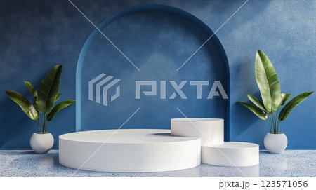 白と青のミニマルディスプレイ、幾何学的フォルム、3Dイラストレーション 123571056