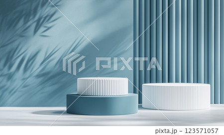 白と青のミニマルディスプレイ、幾何学的フォルム、3Dイラストレーション 白と青のミニマルディスプレイ、幾何学的フォルム、3Dイラストレーション 123571057