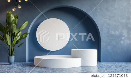 白と青のミニマルディスプレイ、幾何学的フォルム、3Dイラストレーション 123571058