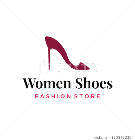 Hand drawn elegant and luxury high heel creative women's shoes creative logo design. Template for business, women's shoe shop, fashion, beauty. 123571236