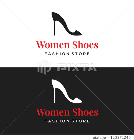 Hand drawn elegant and luxury high heel creative women's shoes creative logo design. Template for business, women's shoe shop, fashion, beauty. 123571240