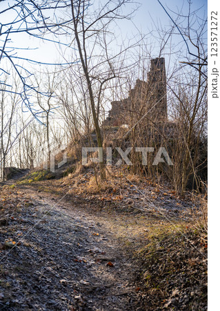 Old fortress ruins near chapel in a small czech town Petrohrad. Way of pilgrims, Czech republic. Old fortress ruins near chapel in a small czech town Petrohrad. Way of pilgrims, Czech republic. 123571272
