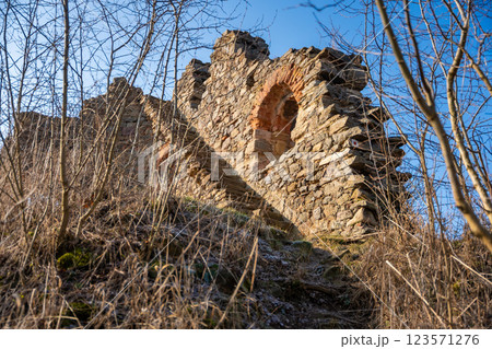 Old fortress ruins near chapel in a small czech town Petrohrad. Way of pilgrims, Czech republic. Old fortress ruins near chapel in a small czech town Petrohrad. Way of pilgrims, Czech republic. 123571276