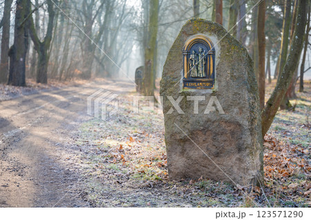 Road with stones of czech saints. Way of pilgrims to chapel of Petrohrad, Czech republic Road with stones of czech saints. Way of pilgrims to chapel of Petrohrad, Czech republic 123571290