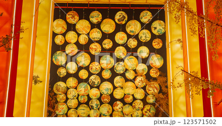 Beijing, China. Zigong Lantern Festival. Traditional Red Chinese Gate Paifang, Pailou, Close up View. National Color. Lantern Festival In Beijing Garden Expo Park. National Intangible Cultural Beijing, China. Zigong Lantern Festival. Traditional Red Chinese Gate Paifang, Pailou, Close up View. National Color. Lantern Festival In Beijing Garden Expo Park. National Intangible Cultural 123571502