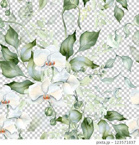 Elegant seamless pattern with white orchids, soft leaves, and holly isolated. Delicate watercolor floral repeated background with wavy branches and greenery. Design wedding print, botanical textiles. Elegant seamless pattern with white orchids, soft leaves, and holly isolated. Delicate watercolor floral repeated background with wavy branches and greenery. Design wedding print, botanical textiles. 123571837