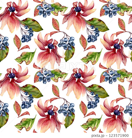 Seamless watercolor pattern of clusters black chokeberries, green leaves and pink flowers isolated. Botanical background for textile, seasonal design. Hand painted floral vibrant autumn texture. Seamless watercolor pattern of clusters black chokeberries, green leaves and pink flowers isolated. Botanical background for textile, seasonal design. Hand painted floral vibrant autumn texture. 123571900