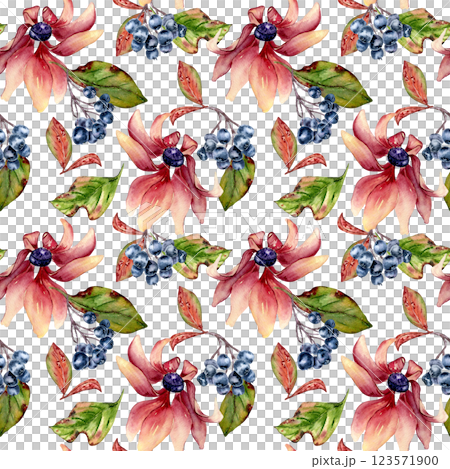 Seamless watercolor pattern of clusters black chokeberries, green leaves and pink flowers isolated. Botanical background for textile, seasonal design. Hand painted floral vibrant autumn texture. Seamless watercolor pattern of clusters black chokeberries, green leaves and pink flowers isolated. Botanical background for textile, seasonal design. Hand painted floral vibrant autumn texture. 123571900