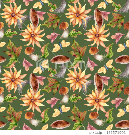 White mushrooms, yellow flowers and butterflies watercolor seamless pattern isolated. Autumn leaves with porcini, boletus hand drawn. Floral botanical repeated background with forest plants for design White mushrooms, yellow flowers and butterflies watercolor seamless pattern isolated. Autumn leaves with porcini, boletus hand drawn. Floral botanical repeated background with forest plants for design 123571901