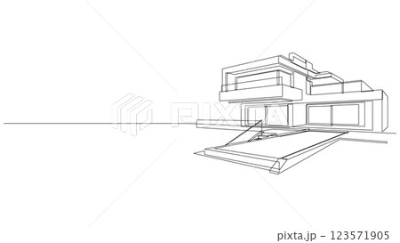 One continuous line drawing of flat roof house with swimming pool. Minimalist style black linear sketch of modern building isolated on white background. 123571905