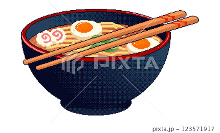 Pixel art Ramen. Pixelated delicious Asian food for retro 8-bit video game and icon for website. Old school vector illustration. Pixel art Ramen. Pixelated delicious Asian food for retro 8-bit video game and icon for website. Old school vector illustration. 123571917