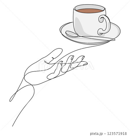 Continuous one line drawing of hand holding a cup of coffee. Minimalist design single line vector illustration. 123571918