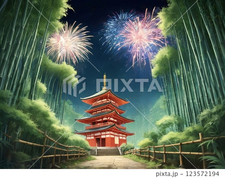 花火が上がる竹林とお寺-2 123572194