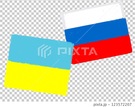 Simple illustration, crayon touch, Ukrainian and Russian flags Simple illustration, crayon touch, Ukrainian and Russian flags 123572207
