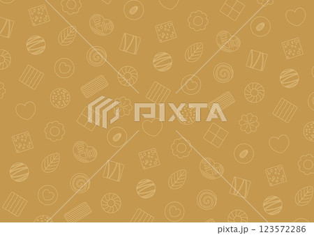 ハートやリフーなどのクッキーの線画のパターンイラスト_茶色 123572286