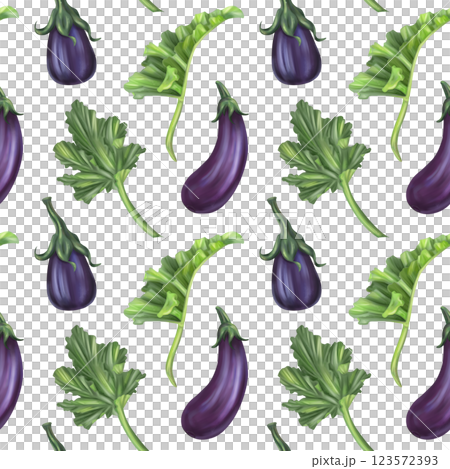 Seamless autumn harvest pattern with eggplant and leaves. Farm organic products, healthy vegetables, sustainable gardening, greens crop. Hand drawing background for wrapping paper, textiles, design 123572393