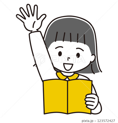 本を読む女の子のイラスト　手を挙げる　笑顔　黒髪 123572427
