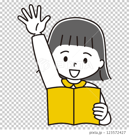 本を読む女の子のイラスト　手を挙げる　笑顔　黒髪 123572427