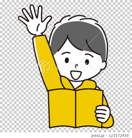 Illustration of a boy reading a book, raising his hand, smiling, black hair 123572430