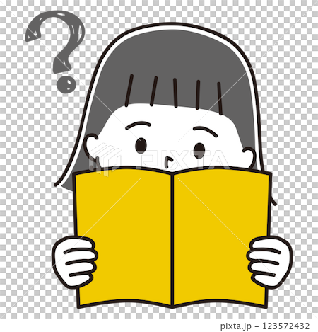 Illustration of a girl reading a book, question mark, black hair Illustration of a girl reading a book, question mark, black hair 123572432