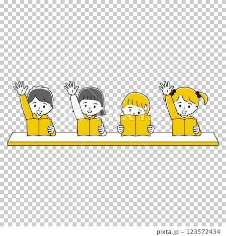 本を読む　手を挙げる子どもたちのイラスト 123572434