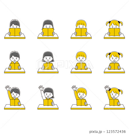 本を読む 手を挙げる子どもたちのイラストセット 本を読む 手を挙げる子どもたちのイラストセット 123572436