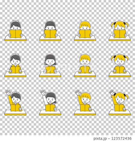 本を読む 手を挙げる子どもたちのイラストセット 本を読む 手を挙げる子どもたちのイラストセット 123572436
