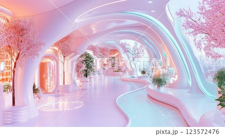 Elegant interior design featuring pastel colors and cherry blossom trees in a futuristic space Elegant interior design featuring pastel colors and cherry blossom trees in a futuristic space 123572476