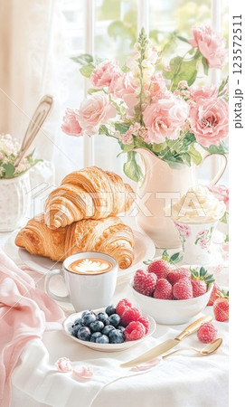 Delightful breakfast spread featuring croissants, berries, and flowers in a sunny kitchen setting Delightful breakfast spread featuring croissants, berries, and flowers in a sunny kitchen setting 123572511