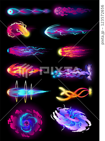 Speed effect cartoon vfx. Comic line blaster shot. Energy fire flame light. Neon color, asteroid flying rock. Flash lightning motion. Fantasy vector element set 123572656