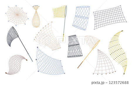 Fish net icons, isolated fishnets and fish scoops. Mesh tool used for catching. Device for safely transferring fish from one container to another or water. Vector cartoon illustration 123572688