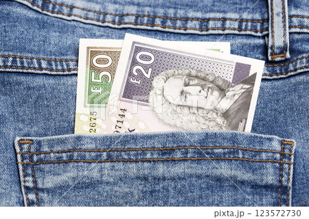Scottish pound in the pocket of blue jeans Scottish pound in the pocket of blue jeans 123572730