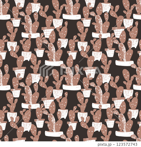 seamless pattern with hand drawn cactus plant. Cacti houseplant background. Floral texture, garden print. Natural interior graphic decoration wallpaper. 123572743