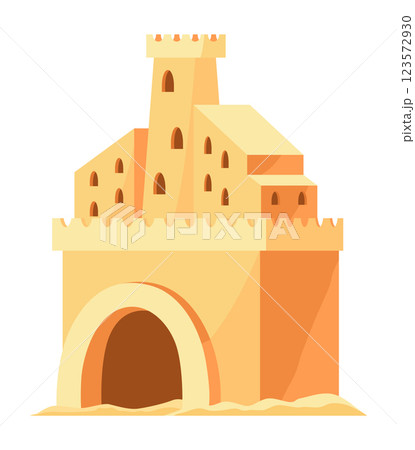 Sand castle. Kids fortress constructions. Sandy stronghold with wall and tower. Summer beach games to build sandy palaces or citadel. Vector cartoon illustration of beach sculptures Sand castle. Kids fortress constructions. Sandy stronghold with wall and tower. Summer beach games to build sandy palaces or citadel. Vector cartoon illustration of beach sculptures 123572930