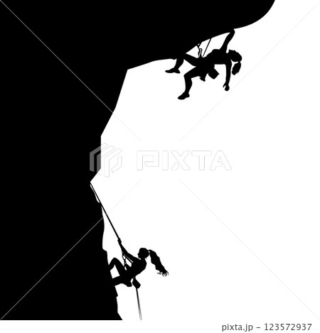 Climbing black silhouette, climbers climbs on rock cliff Climbing black silhouette, climbers climbs on rock cliff 123572937