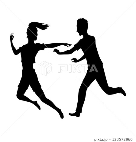 Couples in love silhouette. Man and woman standing together. Romantic black silhouette of loving pair boy and girl. Vector illustration 123572960