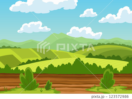 Agriculture farming landscape. Countryside land. Plowing the field on rural landscape background. Farm life, soil cultivation. Vector cartoon illustration 123572986