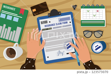 Female insurance agent fills out an insurance claim form. View of the desktop workspace from above. Magazine, calendar, glasses, printing, credit card, papers, cup of coffee. Vector illustration 123573070