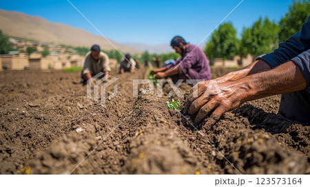 A group of farmers work in the field, planting crops under the hot midday sun 123573164