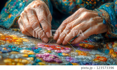 Close-up of a Buryat woman's hands weaving a traditional carpet 123573396