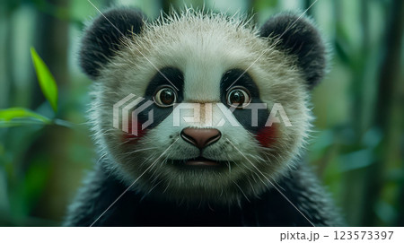 Panda baby with surprised eyes stands against tropical forest background 123573397