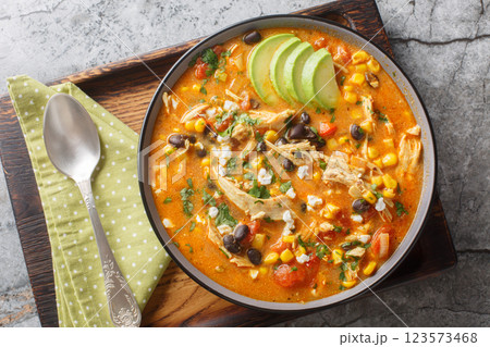 Creamy Mexican chicken enchilada black bean soup closeup on the plate. Horizontal top view 123573468