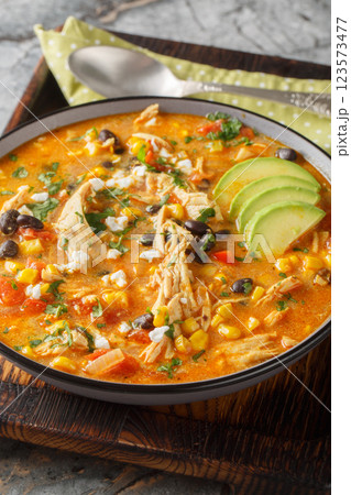 Creamy Chicken Enchilada Soup is packed with Tex-Mex flavors closeup on the plate. Vertical 123573477