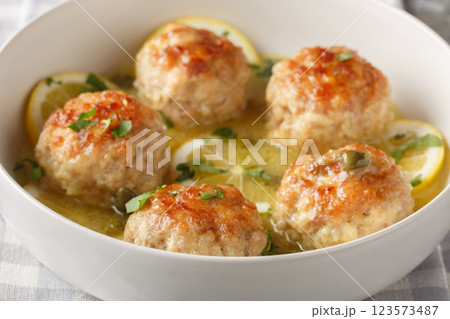 Italian chicken meatballs with picatta sauce consisting of capers, butter, lemons, and wine close-up. Horizontal Italian chicken meatballs with picatta sauce consisting of capers, butter, lemons, and wine close-up. Horizontal 123573487
